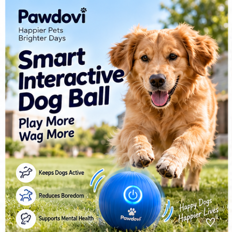 Pawdovi Smart Interactive Dog Ball with Dovi in a playful outdoor scene